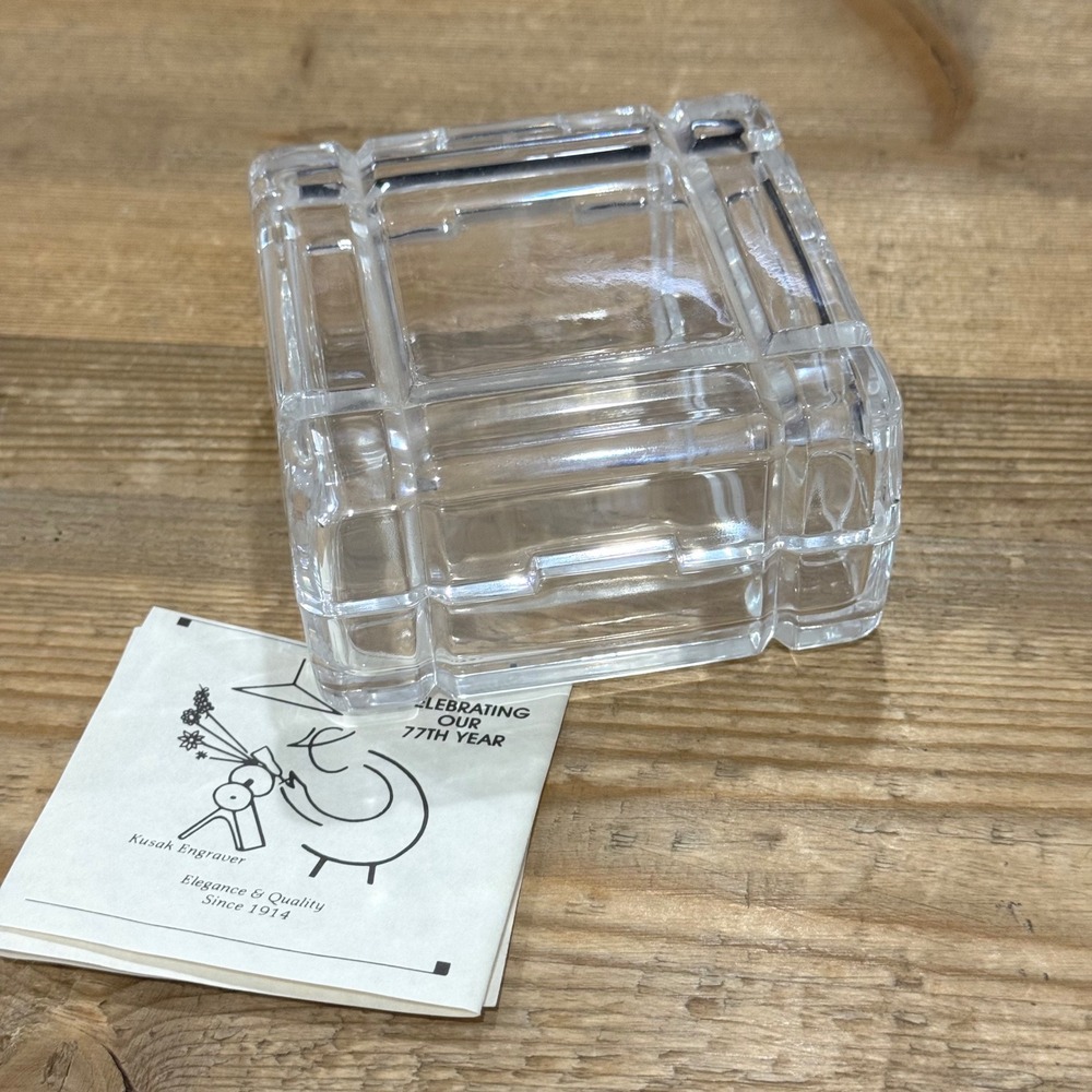 Clear Crystal Square Trinket Box Architectural Jewelry Case 1991 Kusak Engravers